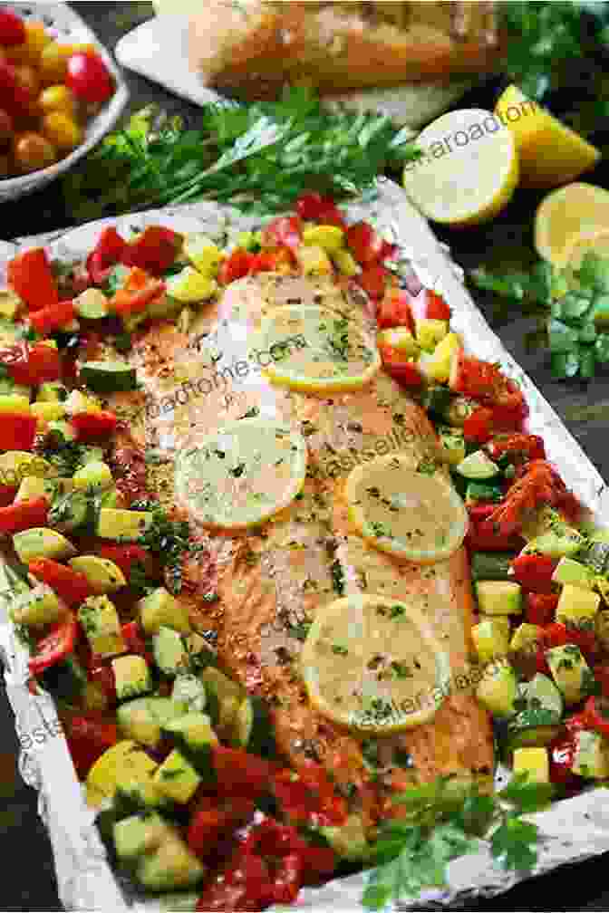 A Colorful Plate Of Roasted Vegetables And A Succulent Grilled Salmon Fillet Drizzled With A Zesty Lemon Sauce. The MIND Diet Cookbook: Quick And Delicious Recipes For Enhancing Brain Function And Helping Prevent Alzheimer S And Dementia